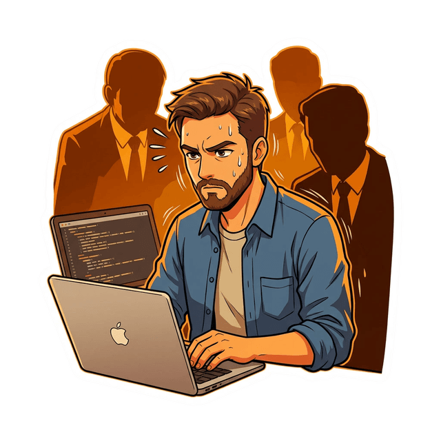 Nervous anime character coding with shadowy figures watching — the behavioral interview