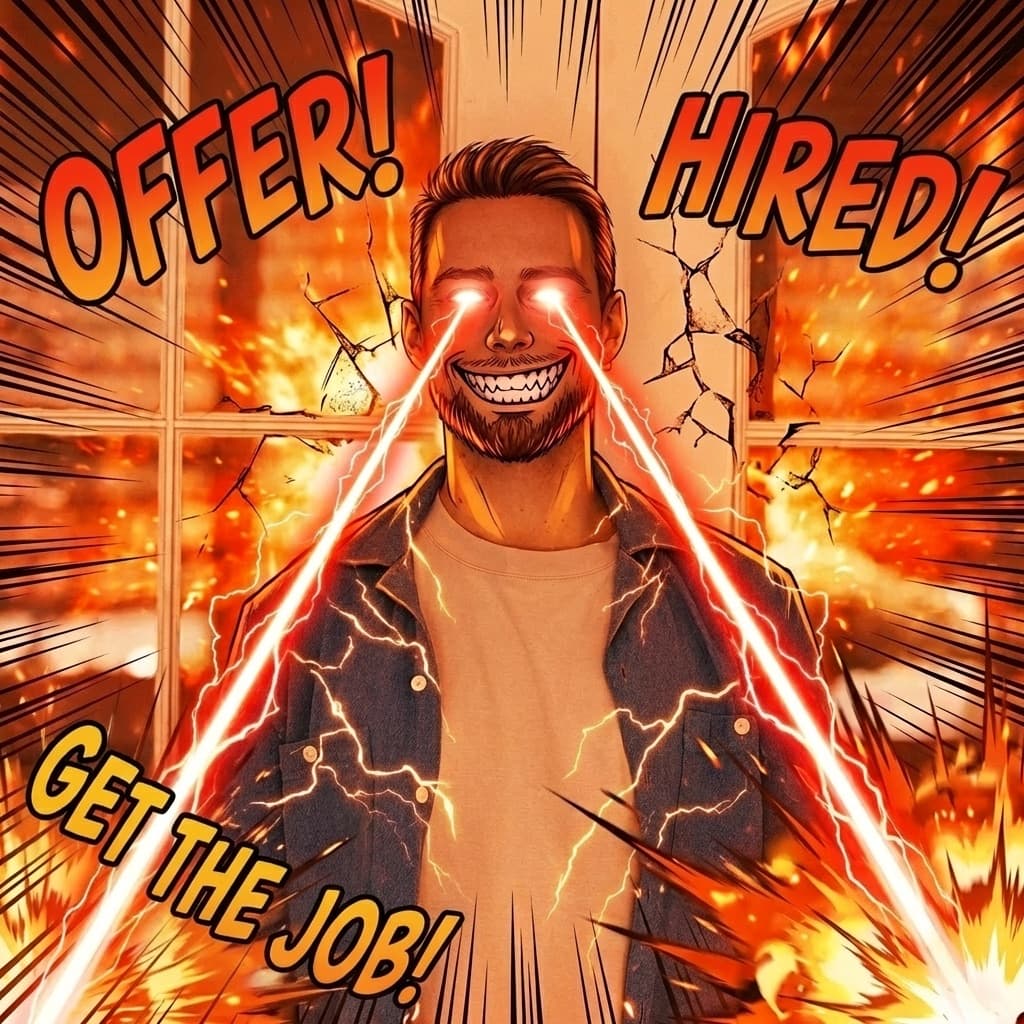Comic-style illustration of a developer firing laser eyes — OFFER! HIRED! GET THE JOB!
